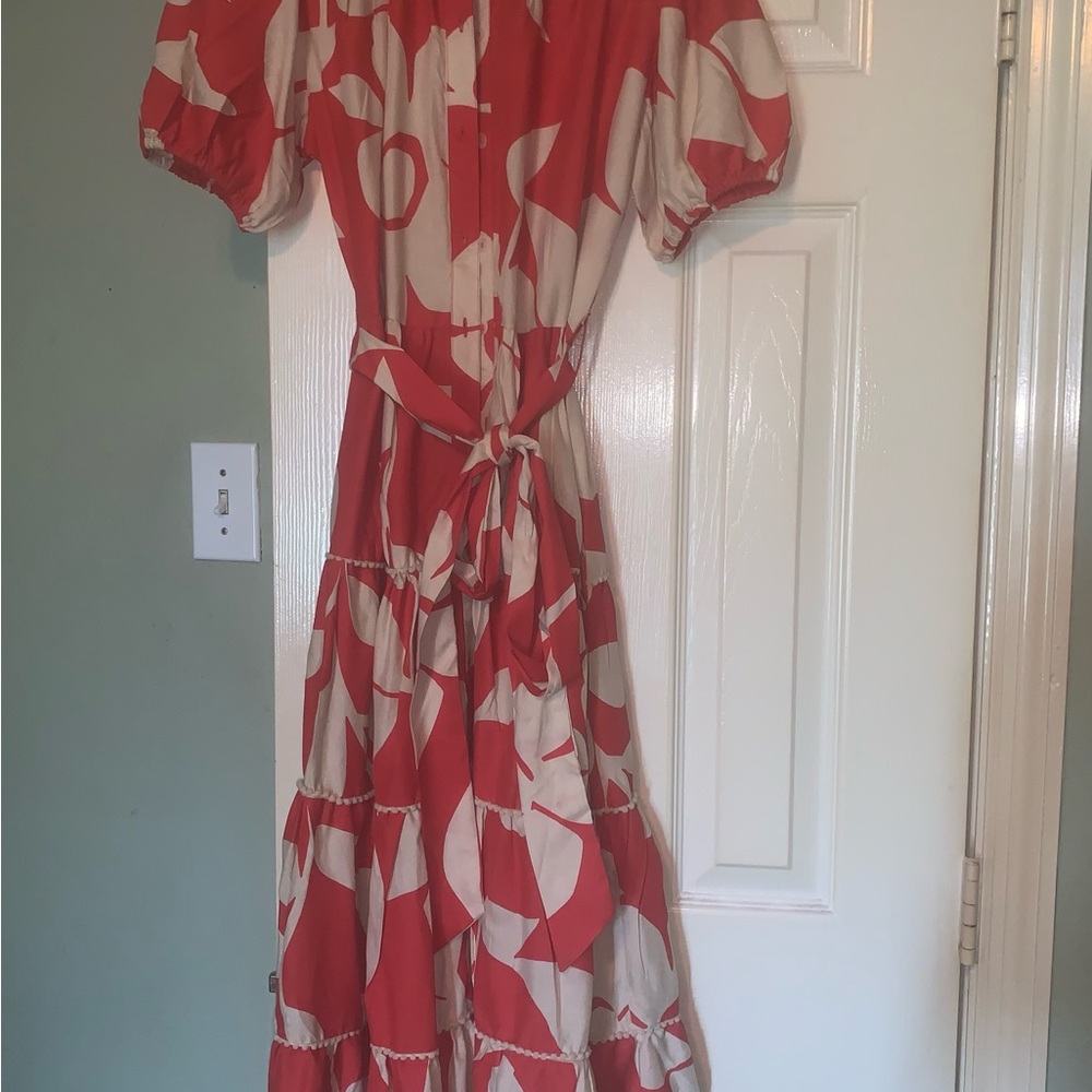 J. Gee Red and beige Puff Sleeve Wrap Midi Dress
